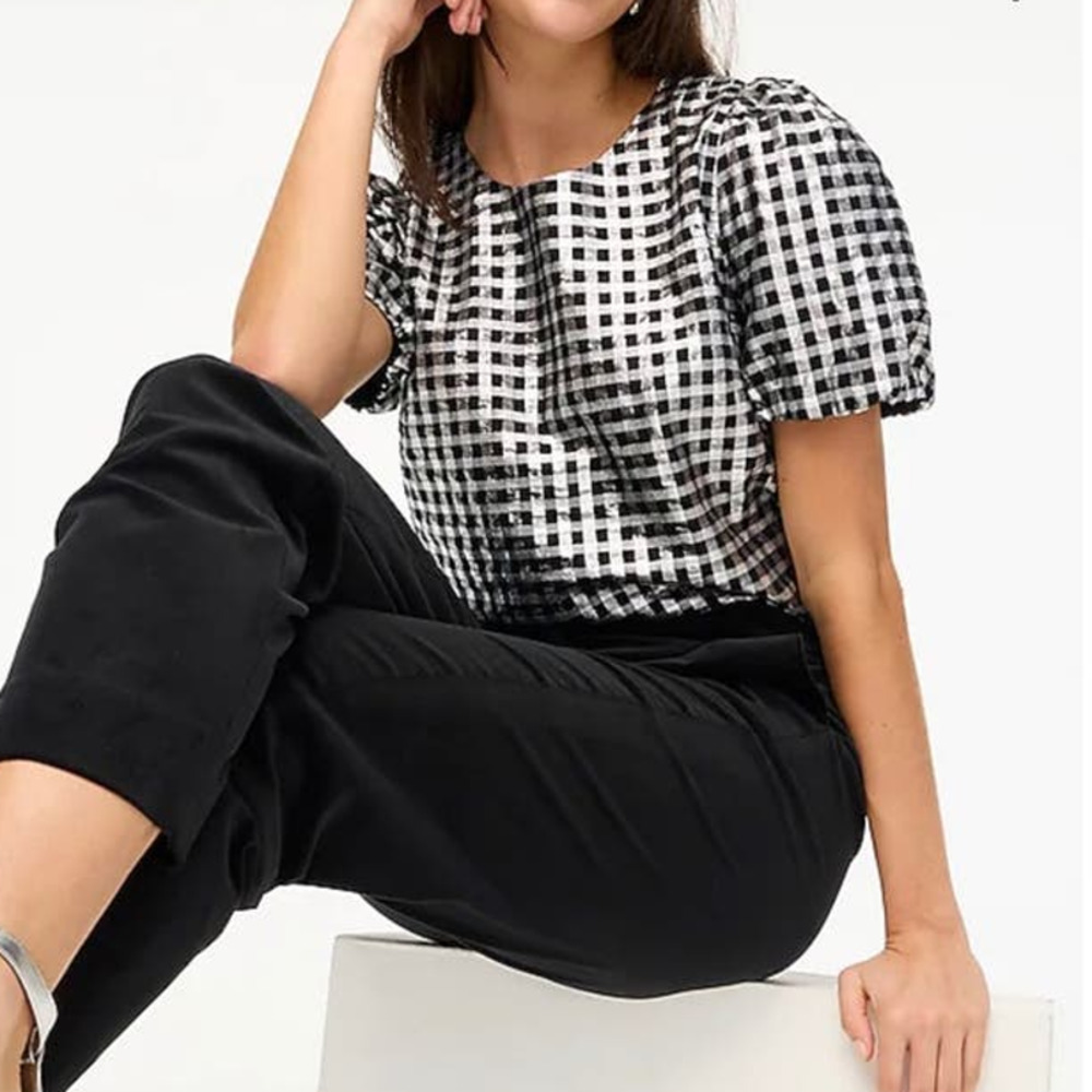 J.Crew Metallic Gingham Puff-Sleeve Top Size‎ L